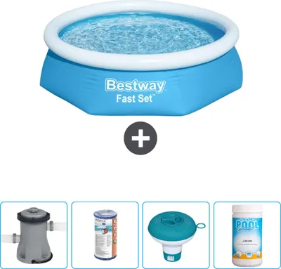 Zdjęcie produktu dla Okrągły nadmuchiwany basen Bestway - 244 x 61 cm - niebieski - w tym pompa z filtrem - pływak chlorowy - chlor