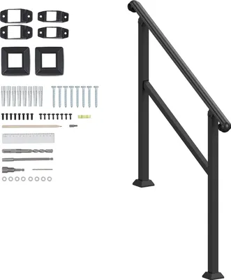 A black handrail kit with various installation accessories laid out on a white background.