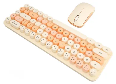 Image de Clavier et souris USB sans fil 2,4 GHz, 68 touches, faible consommation, style rétro mignon, en ABS, pour PC, couleur fauve mélangée