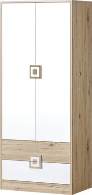 Produktbild von Furniture24 Kleiderschrank NICO 01, Drehtürenschrank, Schrank mit 2 Schubfächern und Kleiderstange Hell Eiche/Weiß/Hell Eiche