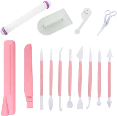 Produktbild von Fondant Dekorationsset 13-teilig, verstellbarer Tortenkratzer, Nudelholz, Ausstechformen, fuer Kuchen und