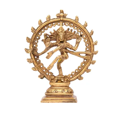 A brass statue of Nataraj, the dancing form of Lord Shiva, is displayed against a white background.