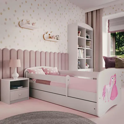 Produktbild von Kinderbett Jugendbett Prinzessin Pferd 70x140, 80x160, 80x180 cm - Komplettset mit Matratze, Schublade & Rausfallschutz