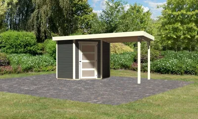 Produktbild von Karibu Gartenhaus Gerätehaus Schwandorf 3 im Set mit Anbaudach 2,40 m Breite terragrau 433x217x218 cm