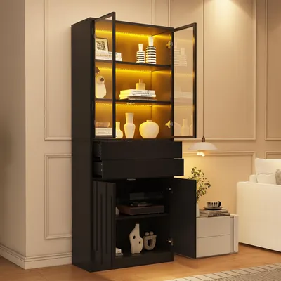 Produktbild von STILVORA Vitrinenschrank mit LED-Beleuchtung und 2 Schubladen, Glasvitrine mit Glastüren, Hochschrank für Wohnzimmer, Küche und Arbeitszimmer