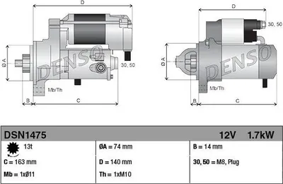 Produktbild von DENSO DSN1475 Starter Anlasser 1,7kW für TOYOTA Corolla XII Kombi (E210) 12V