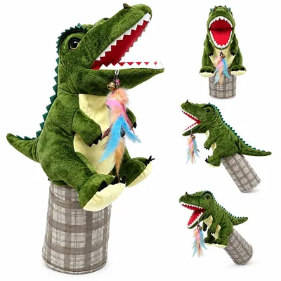Produktbild von Interaktives Katzenspielzeug, Katzenhandschuh Dinosaurier, Katzenspielzeug mit Federn und Glöckchen, Kuschel-Handpuppe für Katzen