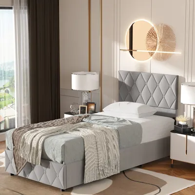 Obrázek produktu pro MODFU Čalouněná postel Boxspring hydraulická 90 × 200 cm s čelem (knoflíková dekorace), funkční polstrovaná postel s lamelovým roštem z dřeva a kovu, Dětská postel s úložným prostorem, samet světle šedý (bez matrace)