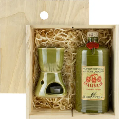 Produktbild von Met Dwójniak Maliniak-Halber (Keramik) Himbeere Geschenkset in einer leichten Holzbox mit Keramikwärmer | 750ml | 16% Alkohol Metwein | Polnische Produktion
