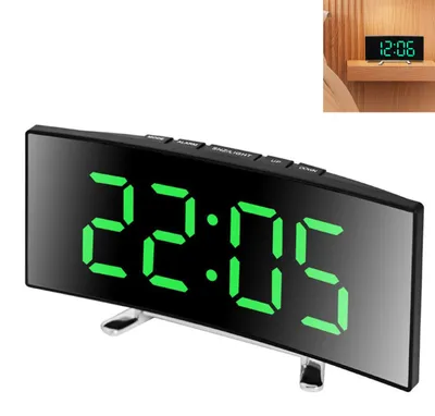 Produktbild von Gebogener LED Digitalwecker mit Spiegelanzeige, Temperaturanzeige, Snooze, Nachtmodus, helligkeitsverstellbar, grün