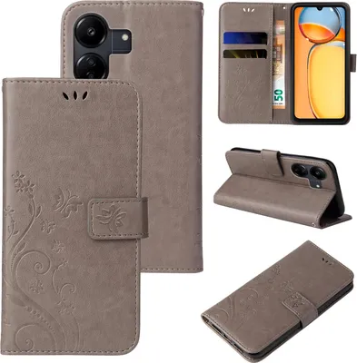 Produktbild von Handyhülle für Xiaomi Redmi 13C Floral Blumen Schmetterling Flip Cover Hülle Case Klapphülle Handytasche Farbe: Grau