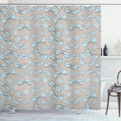 Immagine prodotto di Tenda da doccia ABAKUHAUS Retro, motivo ripetuto con occhiali hippie su sfondo a pois, 175 x 240 cm, azzurro pallido, bianco