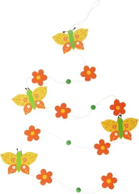 Produktbild von Frühlingsgirlande mit orangefarbenen Schmetterlingen und Blumen - Holzanhänger 120 cm