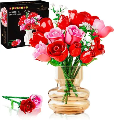 Produktbild von Blumenstrauß Bausteine mit Beleuchtung, 387 Stück, 16 Rosen, rosa Kunstblumen, für Innendekoration