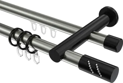 Produktbild von Interdeco Rundrohr-Innenlaufstange / Gardinenstange (Kombination) Edelstahl-Optik / Schwarz, Typ Platon Zoena (Glitzerzylinder), 20 mm Ø 2-läufig, 320 cm