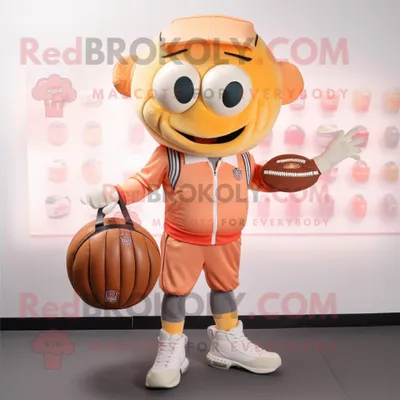 Produktbild von Pfirsichfarbener REDBROKOLY Maskottchen Kostüm charakter mit American-Football-Helm bekleidet mit einer Jogginghose und Geldbörsen