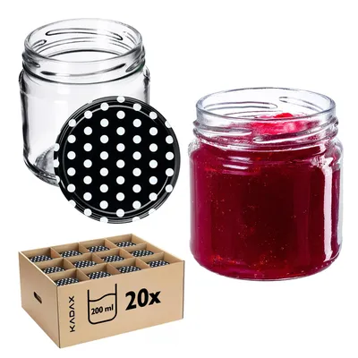 Zdjęcie produktu dla KADAX Małe słoiki na przetwory 200 ml, słoiki na dżem, fi66 mm, mini słoiki na miód i przyprawy, słoiki hermetyczne, słoiki na przetwory, słoiki szklane, słoiki na przetwory, słoiki okrągłe (20 sztuk, czarne w kropki)