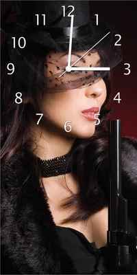 Produktbild von Wallario Design Wanduhr bedruckt, Größe 30 x 60 cm, Motiv: Lady in Black - Sexy Dame mit gefährlichem Charme