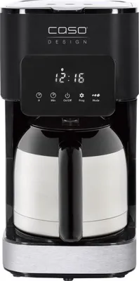 A front view of a black and silver coffee maker with a digital display.