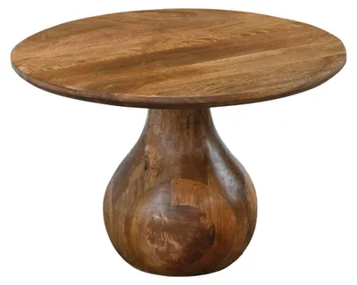 Couchtisch Mango Massivholz rund im Teardrop-Design mit runder Holzplatte und tropfenförmigem Sockel in Gesamtansicht.