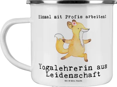 Produktbild von Mr. & Mrs. Panda Teetasse Yogalehrerin Leidenschaft - Weiß - Geschenk, Emaille Becher, Haferl, Tasse, Teebecher, Reisebecher
