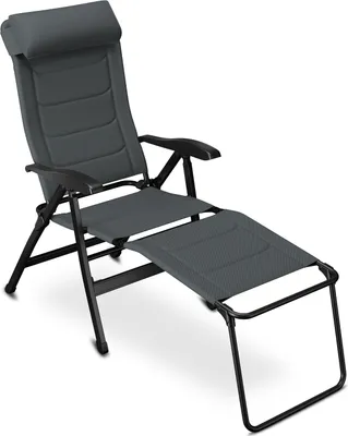 A gray camping chair with a detached leg rest is shown against a white background.