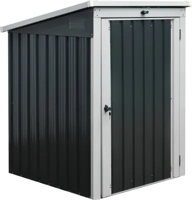 A dark gray metal shed with a white door and trim, set against a white background.