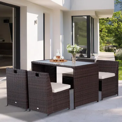 Produktbild von SUGIFT Sitzgruppe wetterfest, Polyrattan Gartenmöbel Set 5-teilig, Lounge-Set Balkonmöbel, Braun+Khaki | Stahl-Gestell | 4 Stühle + Tisch
