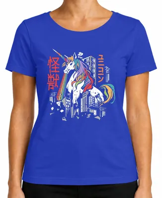 Imagen del producto de Camiseta retro para mujer con diseño de unicornio, arcoíris, kaiju (monstruo gigante) y destrucción de una ciudad. Color azul, talla L