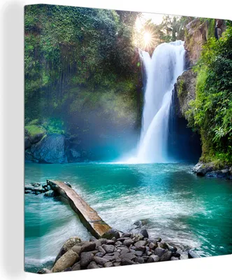 Produktbild von MuchoWow® - Leinwandbilder - Wasserfall - Steine - Landschaft - Pflanzen - Wasser, Wandbild, Wanddeko Bilder Wohnzimmer, 90x90 cm