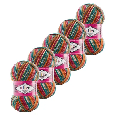 5x100g Sockenwolle Superwash 4-fädig Schurwolle Strumpfstrickgarn 7839 grün pink tera