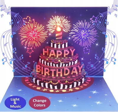Produktbild von 3D-Geburtstagskarte mit Musik und LED-Licht, Happy Birthday Karte mit Torte