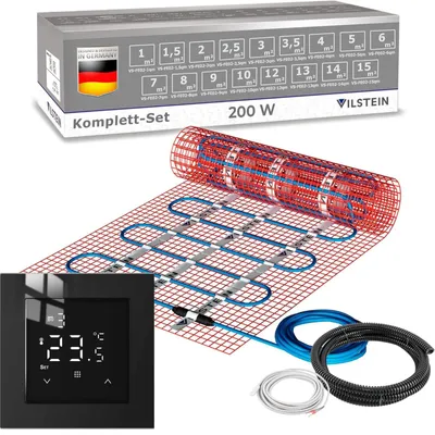 Produktbild von VILSTEIN Elektrische Fußbodenheizung 200W/m², für Fliesen Laminat und mehr, Komplett-Set, Twin Technologie Heizsystem, Fußboden Heizmatte, inkl. Thermostat schwarz