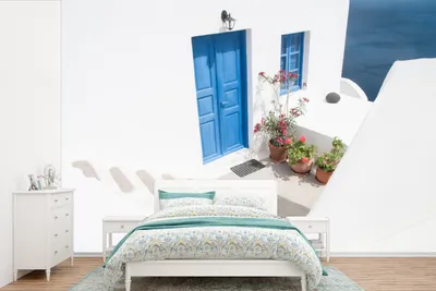 Produktbild von MuchoWow® Fototapete für Wohnzimmer oder Schlafzimmer Wandtapete Vinyl Motivtapete Architektur - Blau - Weiß - Tür - 600x400 cm - Vinyltapeten
