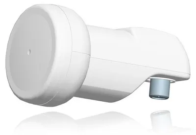 A white satellite dish LNB with a gray connector, isolated on a white background.