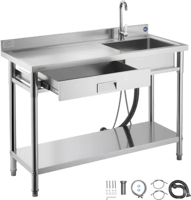 Immagine prodotto di Lavello VEVOR in acciaio inox (120 x 50 x 94 cm), monovasca con rubinetto e cassetto, lavello da cucina per garage ristorante lavanderia, lavello da esterno con piano di lavoro (a sinistra)