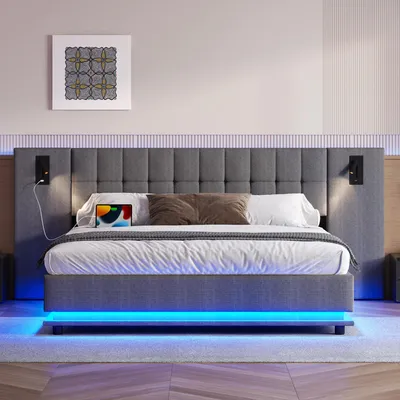 Image de OKWISH Lit Double 180x200 cm – Tête LED avec USB – Sans Matelas – Gris
