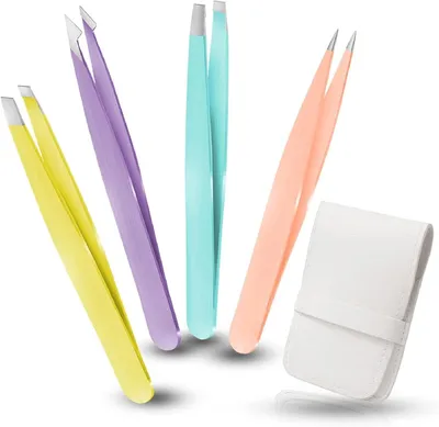 Produktbild von 4x Pinzette Set Augenbrauen schräg spitz Splitterpinzette Spitzpinzette