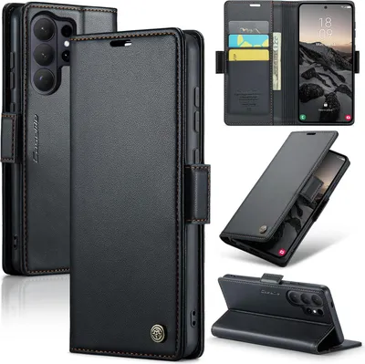 Immagine prodotto di Custodia per Samsung Galaxy S26 Ultra, blocco RFID, custodia in pelle con flip avanzato e funzione supporto, nera