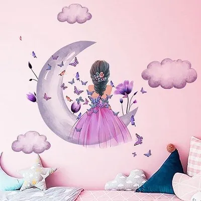 Produktbild von Famanu Wandsticker Mädchen mit bunten Schmetterlingen und Blumen - 2 Bögen