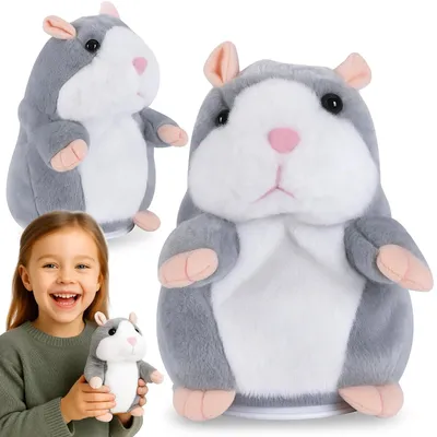 Produktbild von Interaktiver Hamster sprechend, Wiederholt Worte, Plüsch-Spielzeug mit Sound, grauer Nachsprech-Hamster für Kinder ab 3