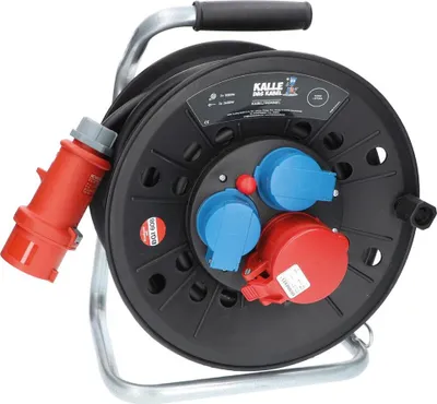 Produktbild von KALLE DAS KABEL CEE Kabeltrommel 25 Meter H07RN-F 5G 1,5 mm² 400V 16A Schutzart IP44 mit 2x Schuko Steckdose 1x CEE Steckdose 400V 16A