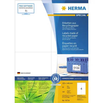 Zdjęcie produktu dla HERMA 10734 Etykiety samoprzylepne z papieru makulaturowego A4 105x148 mm białe