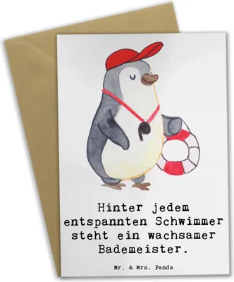 Produktbild von Mr. & Mrs. Panda Glückwunschkarte Bademeister schützend - Weiß - Geschenk, Beruf, genesungskarte, Hommage, Gemeinschaft, Geschenke mit Herz, osterkarte, einladungskarten