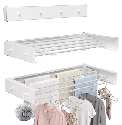 Produktbild von Vigevee Wandtrockner ausziehbar, klappbarer Wäschetrockner mit 5 Stangen & 4 Haken, platzsparend für innen und außen, 80 cm, 25 kg, Weiß
