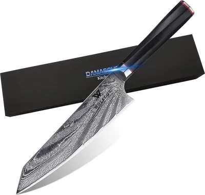 Zdjęcie produktu dla Nóż szefa kuchni z Damascenu 20 cm, 73-warstwowa japońska stal damasceńska, z pudełkiem prezentowym firmy WOLFCUT