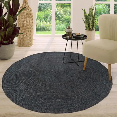 Produktbild von TT Home Wohnzimmer Teppich Jute Rund Modern Boho Ethno Handgefertigter Natur-Teppich Uni Größe 80 cm Rund