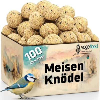 A box filled with bird food balls, with a blue tit bird in the foreground.