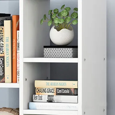 A close-up view of a white bookshelf with several books and a potted plant.