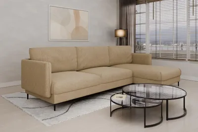 Productafbeelding van Eckbank Designersofa HELMER, bekleding Baloo, beige, met hocker aan de rechterkant